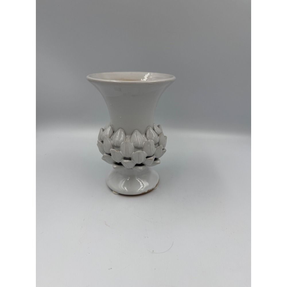 White Ceramic Artichoke Leaf Textured Pedestal Vase Flared Rim 6 Inch